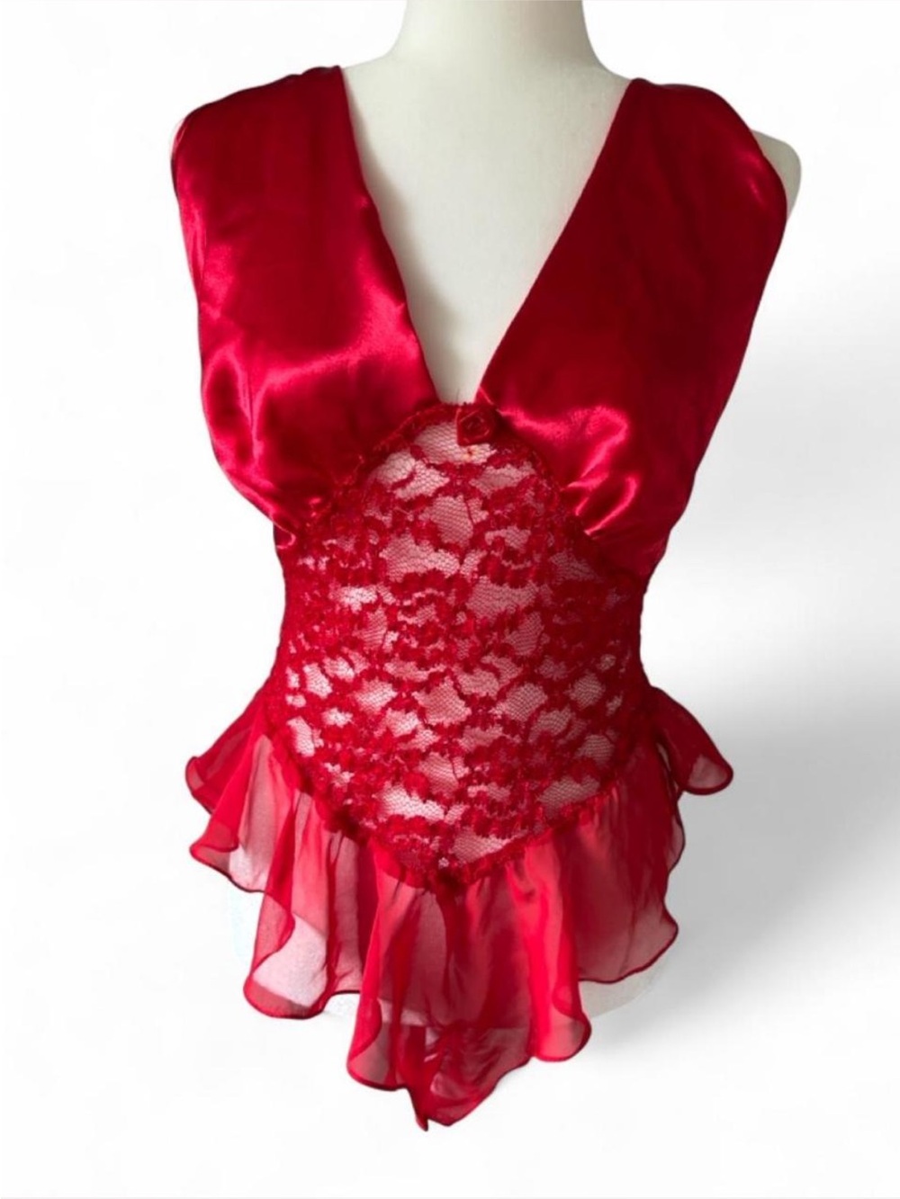 Vintage Alexandra Nicole Red Lace & Satin Teddy Bodysuit Size Large Made in USA